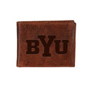 Brigham Young University, Embossed 100% Genuine Tumbled Leather Passcase Bi-Fold Wallet, Brown