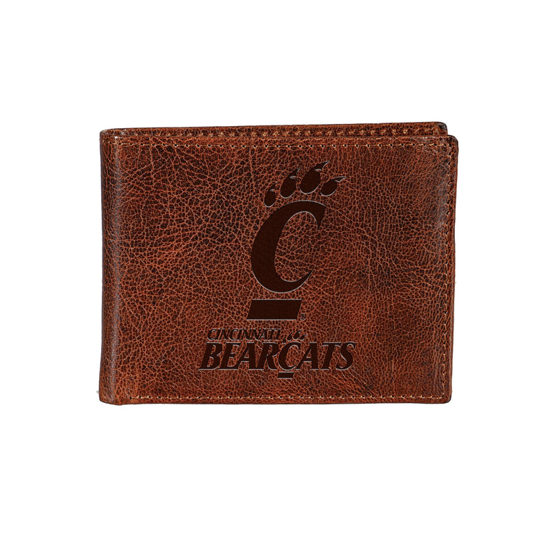University of Cincinnati, Embossed 100% Genuine Tumbled Leather Passcase Bi-Fold Wallet, Brown
