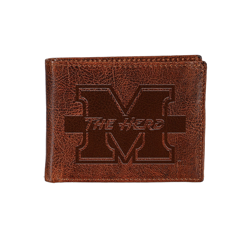 Marshall University, Embossed 100% Genuine Tumbled Leather Passcase Bi-Fold Wallet, Brown