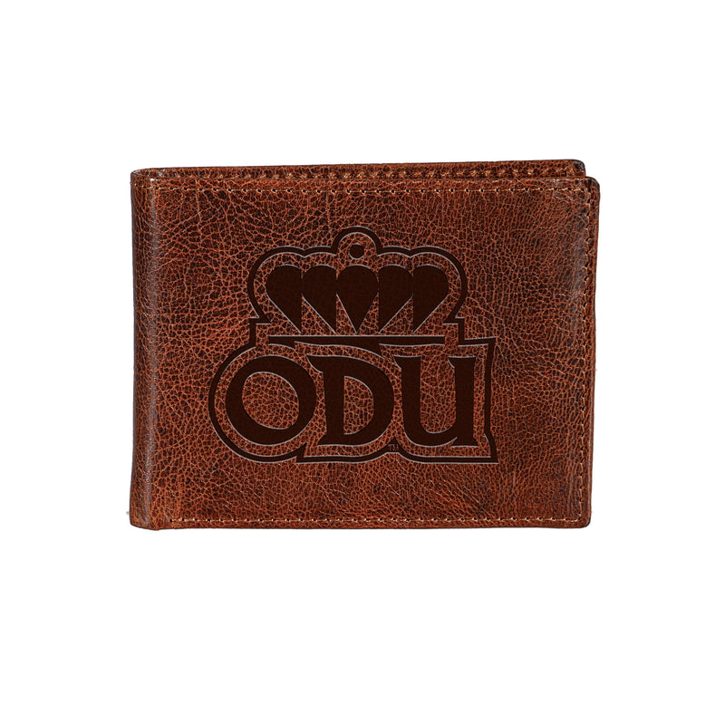 Old Dominion University, Embossed 100% Genuine Tumbled Leather Passcase Bi-Fold Wallet, Brown