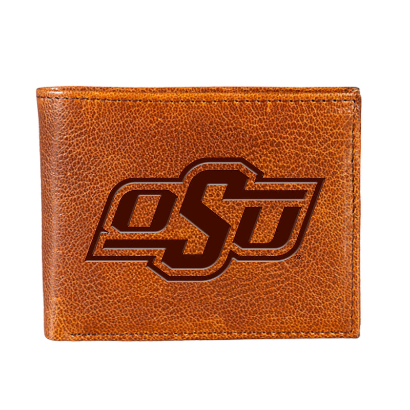 Oklahoma State University, Embossed 100% Genuine Tumbled Leather Passcase Bi-Fold Wallet, Brown
