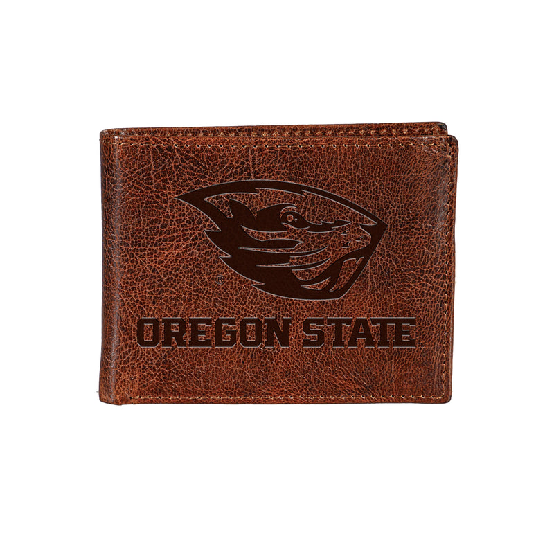 Oregon State University, Embossed 100% Genuine Tumbled Leather Passcase Bi-Fold Wallet, Brown