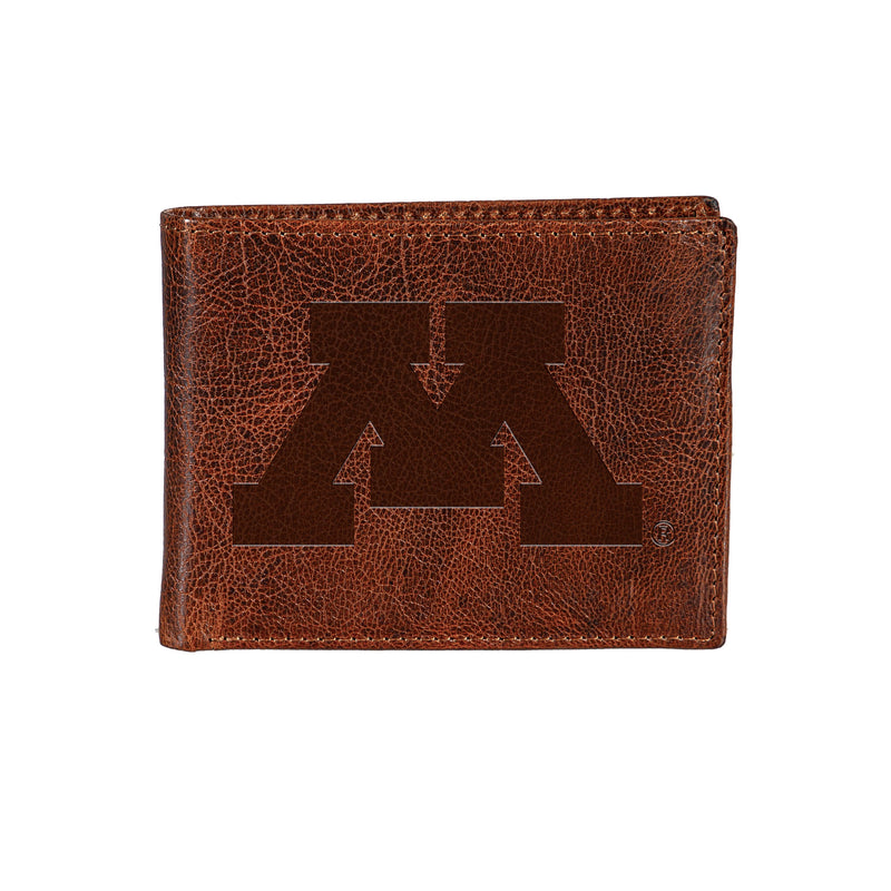 University of Minnesota, Embossed 100% Genuine Tumbled Leather Passcase Bi-Fold Wallet, Brown