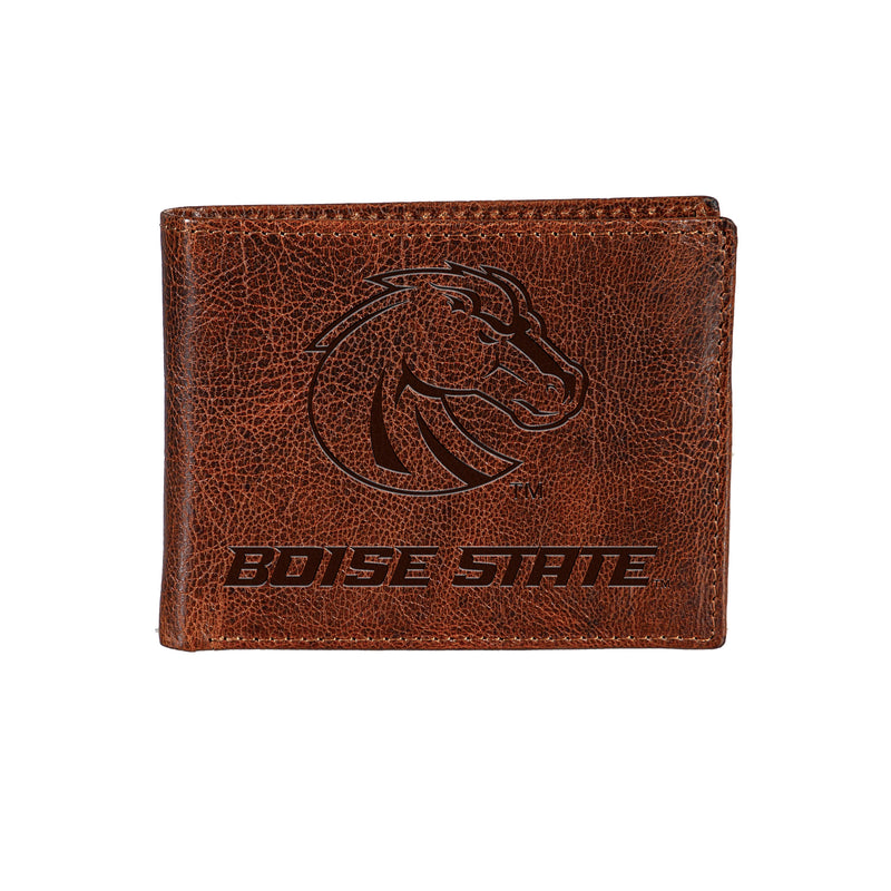 Boise State University, Embossed 100% Genuine Tumbled Leather Passcase Bi-Fold Wallet, Brown