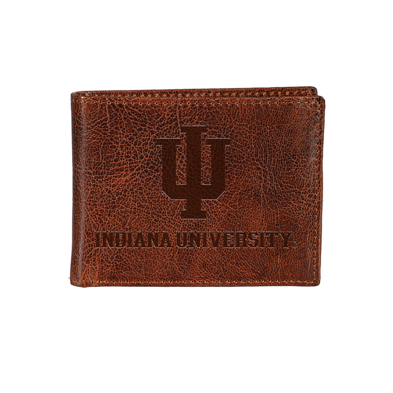 Indiana University, Embossed 100% Genuine Tumbled Leather Passcase Bi-Fold Wallet, Brown