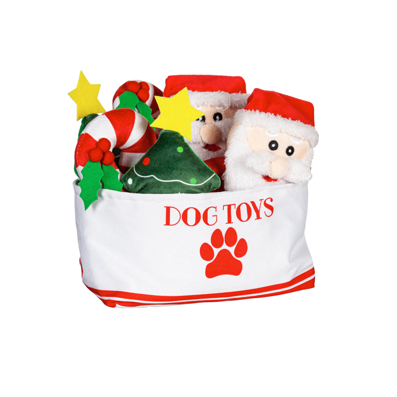 Evergreen Gifts,Fabric Dog Plush Toy in 9 piece Fabric Basket, 3 Asst. Designs, 3 of each,1.75x6x7.75 Inches