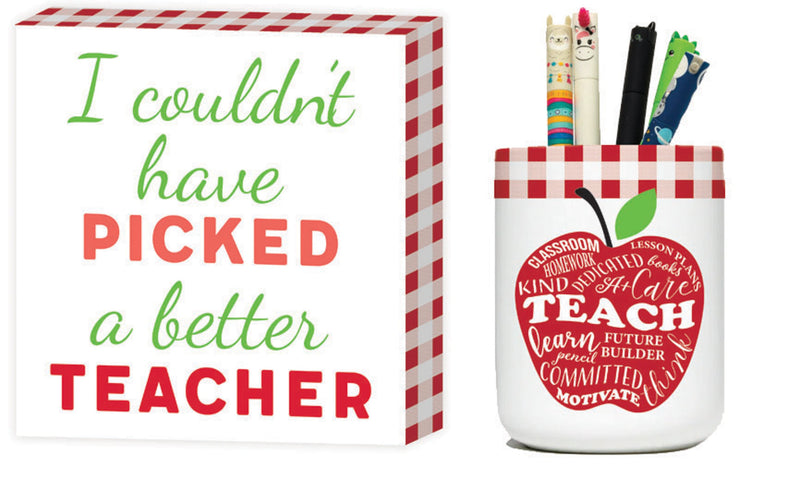 Evergreen Gifts,Ceramic Pencil Holder and Wood Tabletop Sign Set, I couldn't have picked a better teacher,4x1x4 Inches