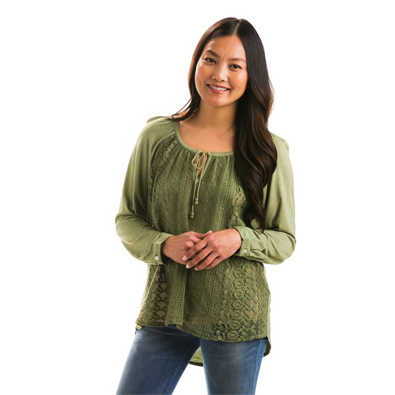 Lace 3/4 Length Sleeve Peasant Top, Green,7tp246