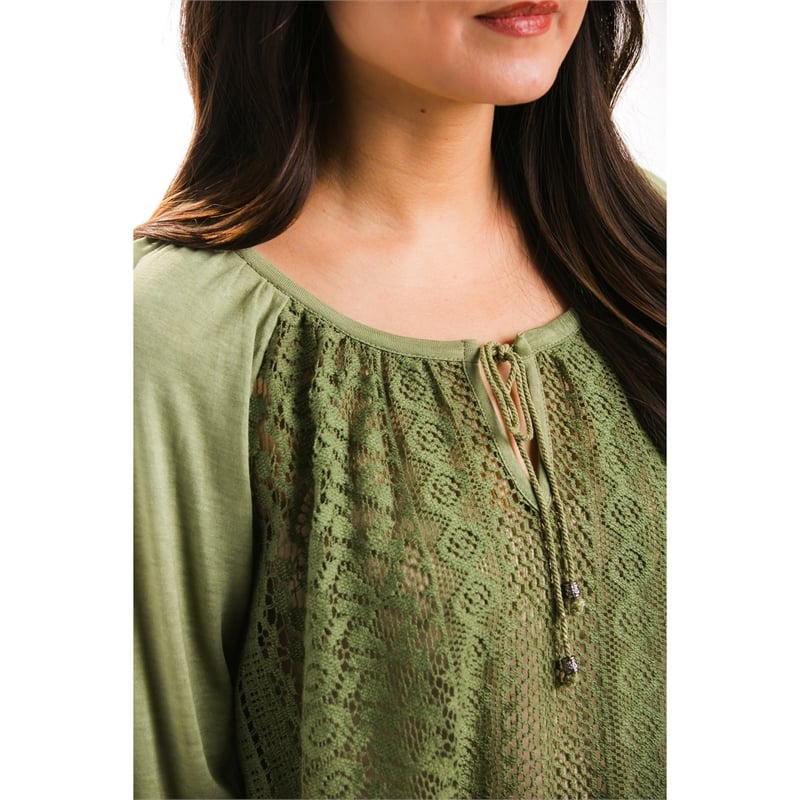 Lace 3/4 Length Sleeve Peasant Top, Green,7tp246