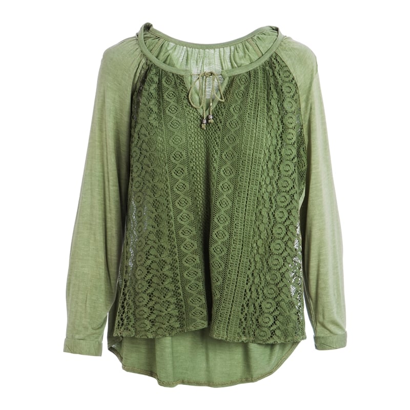 Lace 3/4 Length Sleeve Peasant Top, Green,7tp246