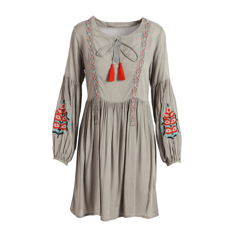 Boho Embroidered Tunic Dress, Gray,7tun158