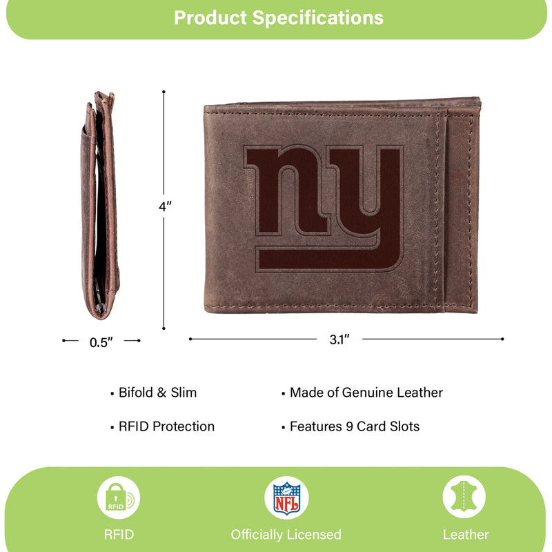 Front Pocket Wallet w/ RFID Blocking, New York Giants, Brown
