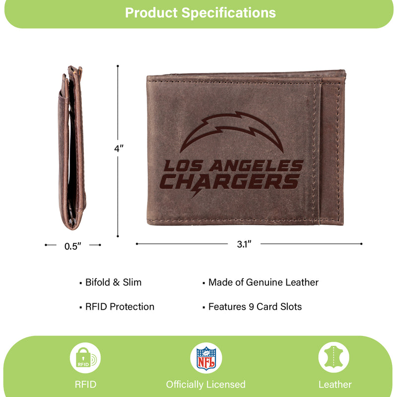 Front Pocket Wallet w/ RFID Blocking, Los Angeles Chargers, Brown