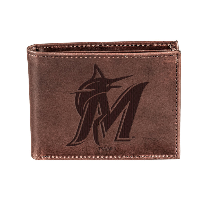 Miami Marlins Bi-Fold Wallet Brown 100% Genuine Leather