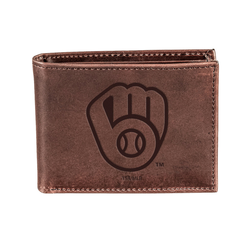 Milwaukee Brewers Bi-Fold Wallet Brown 100% Genuine Leather