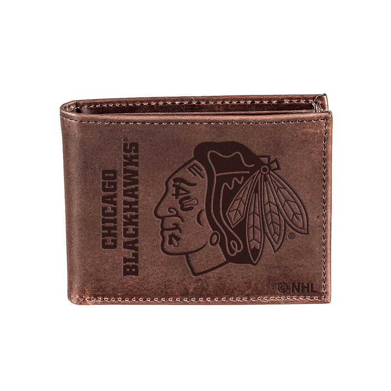 Chicago Blackhawks, Bi-Fold Wallet, Brown, CH, 100% Genuine Leather
