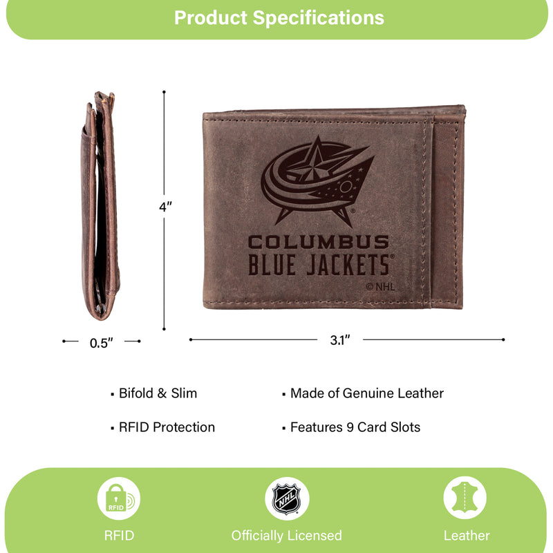 Front Pocket Wallet w/ RFID Blocking, Columbus Blue Jackets, Brown