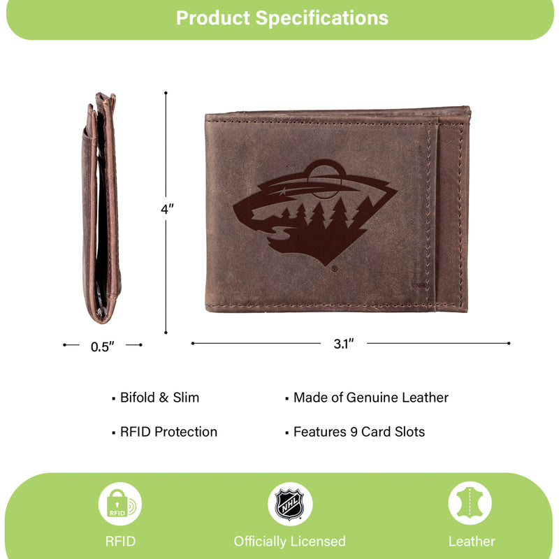 Front Pocket Wallet w/ RFID Blocking, Minnesota Wild, Brown