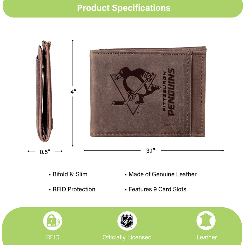 Front Pocket Wallet w/ RFID Blocking, Pittsburgh Penguins, Brown