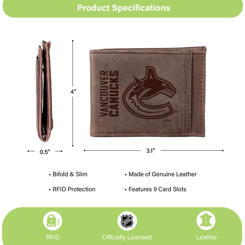 Front Pocket Wallet w/ RFID Blocking, Vancouver Canucks, Brown