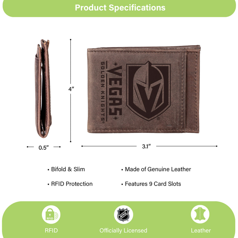 Front Pocket Wallet w/ RFID Blocking, Vegas Golden Knights, Brown