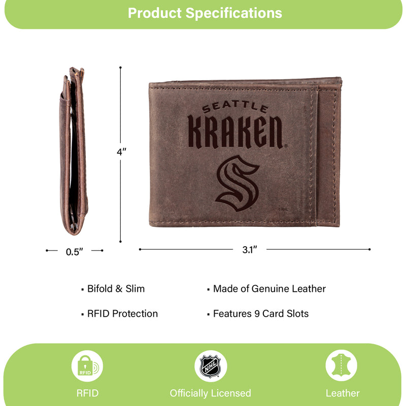 Front Pocket Wallet w/ RFID Blocking, Seattle Kraken, Brown