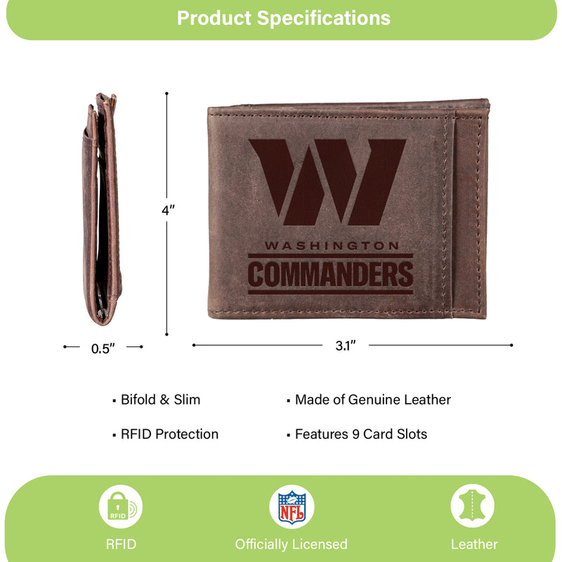 Front Pocket Wallet w/ RFID Blocking, Washington Commanders, Brown