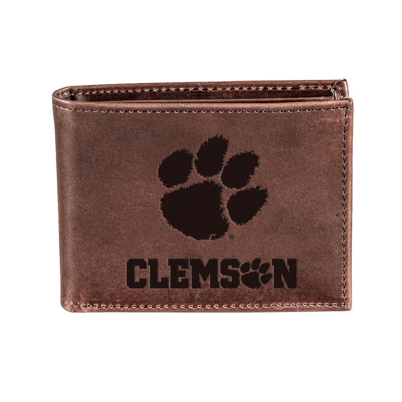 Clemson University, Bi-Fold Wallet, Brown, CH, 100% Genuine Leather