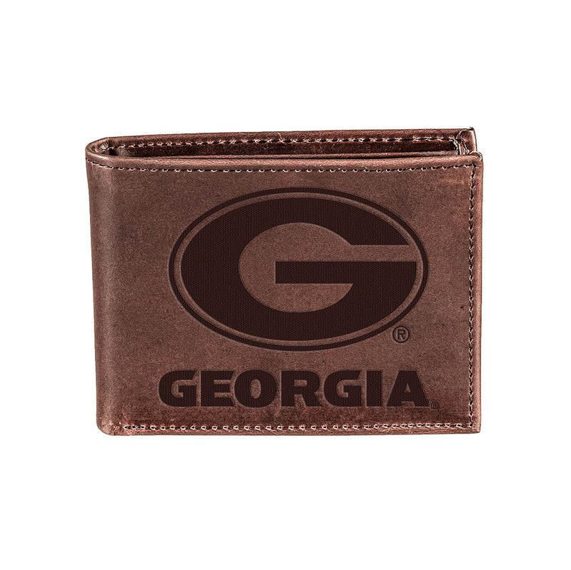 University of Georgia, Bi-Fold Wallet, Brown, CH, 100% Genuine Leather