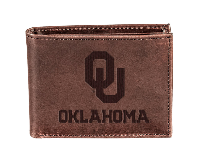 University of Oklahoma, Bi-Fold Wallet, Brown, CH, 100% Genuine Leather