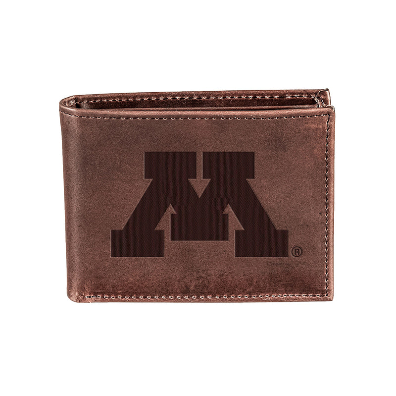 University of Minnesota, Bi-Fold Wallet, Brown, CH, 100% Genuine Leather