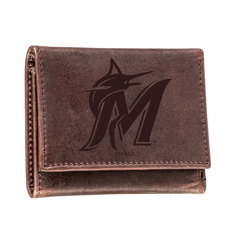 Miami Marlins Tri-Fold Wallet Brown 100% Genuine Leather