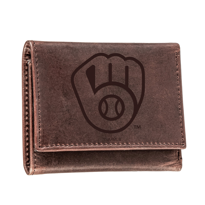 Milwaukee Brewers Tri-Fold Wallet Brown 100% Genuine Leather