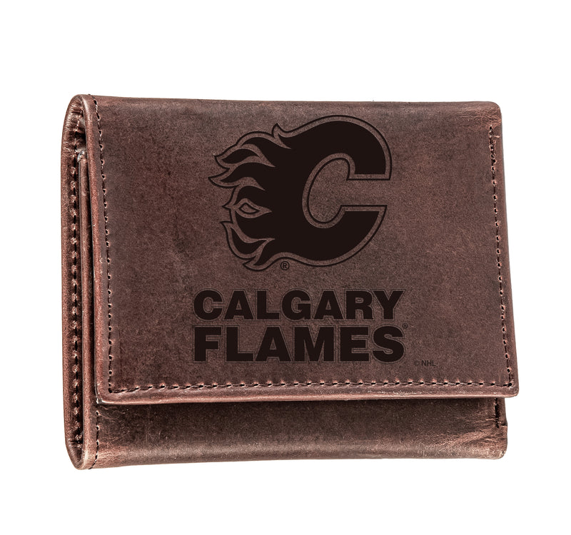 Calgary Flames, Tri-Fold Wallet, Brown, CH, 100% Genuine Leather