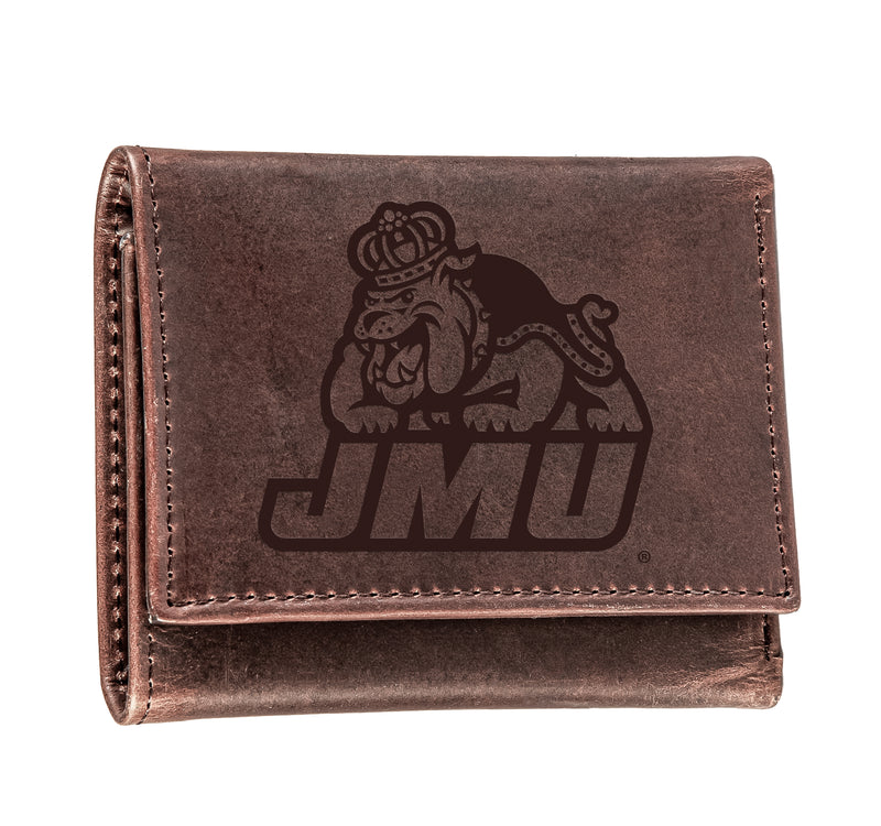 James Madison University, Tri-Fold Wallet, Brown, CH, 100% Genuine Leather