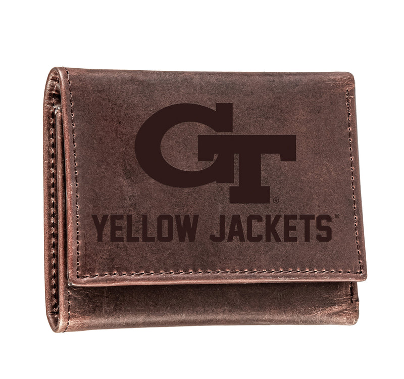Georgia Tech, Tri-Fold Wallet, Brown, CH, 100% Genuine Leather