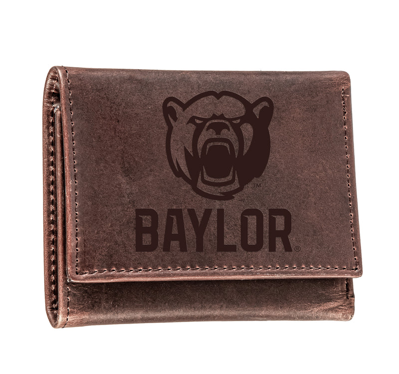 Baylor University, Tri-Fold Wallet, Brown, CH, 100% Genuine Leather