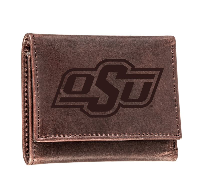 Oklahoma State University, Tri-Fold Wallet, Brown, CH, 100% Genuine Leather