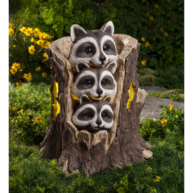 Solar Three Raccoons in a Stump Sculpture,84g3439