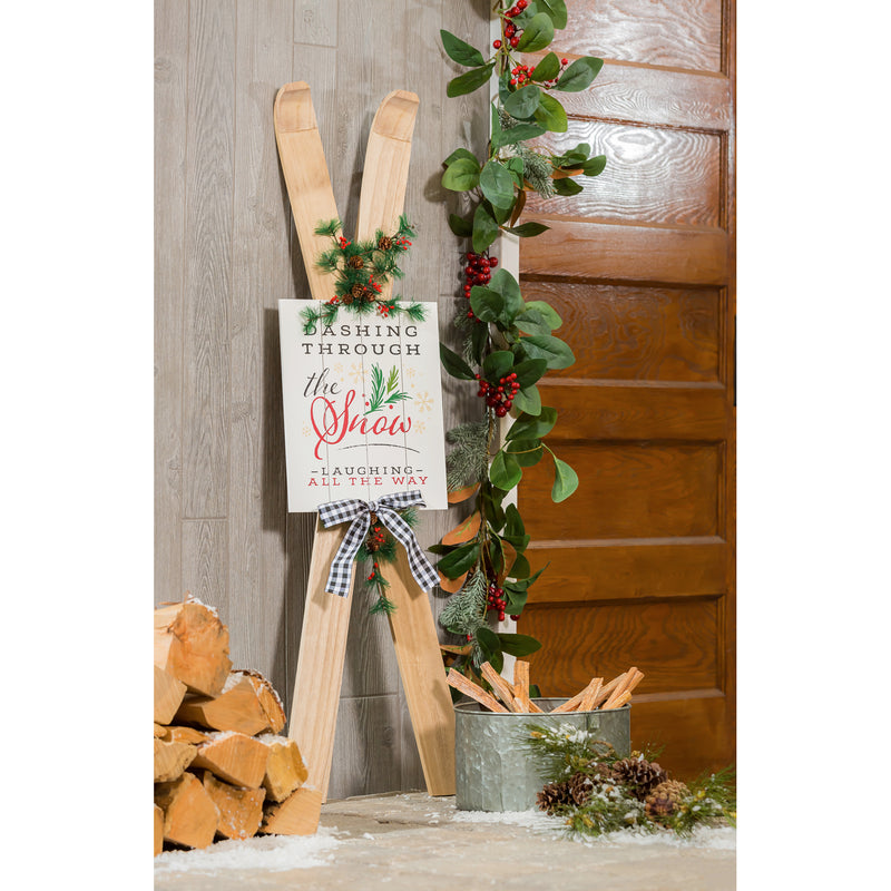 47.25"H Wooden Ski with Artificial Holiday Porch Décor,84g3492