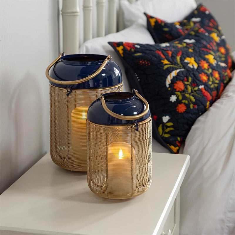 Metal Blue and Gold Lantern with Handle Set of 2