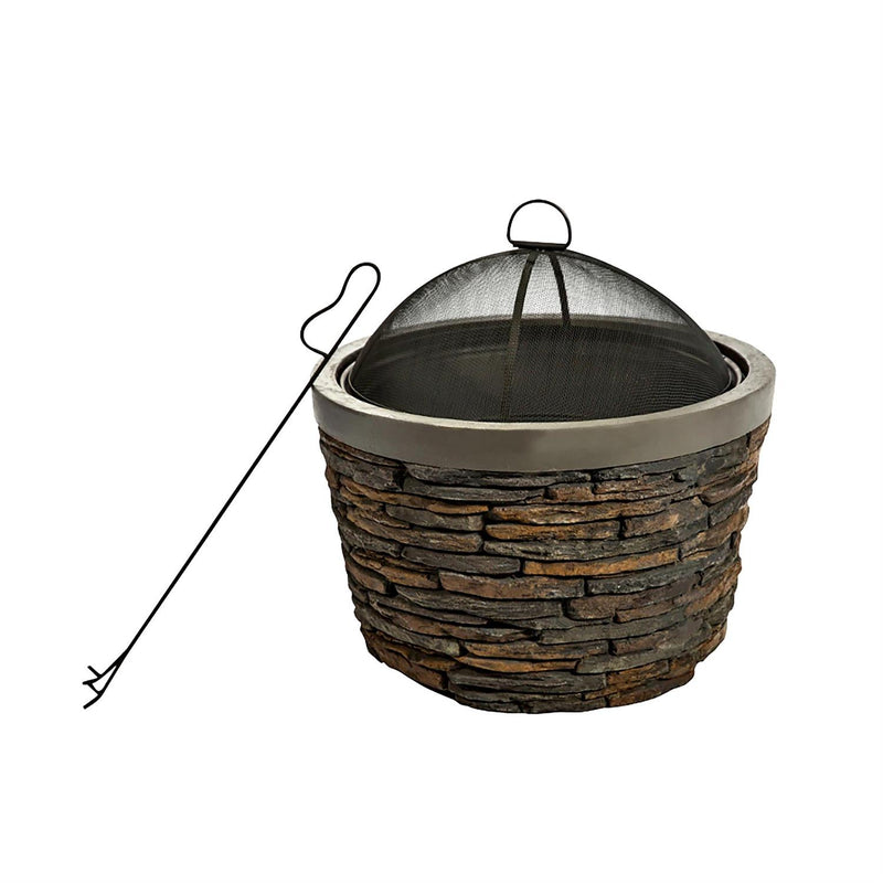 Stacked Stone Wood Burning Pit w Firebowl,Grate,mesh lid,fire poker