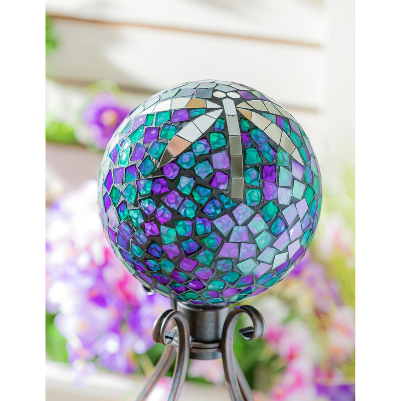 Evergreen Gazing Ball,10" Mosaic Glass Gazing Ball, Dragonfly,9.84x9.84x11.81 Inches