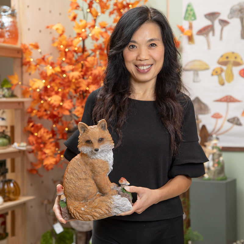 Evergreen Statuary,Forest Finds Fox With Mushroom Statue,9.25x6.89x11.81 Inches