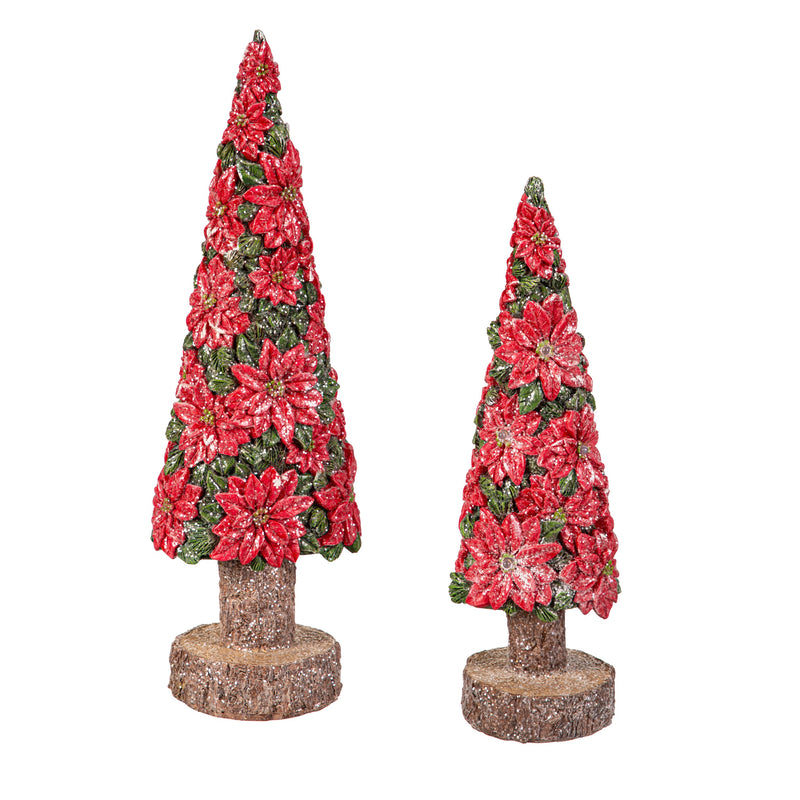 LED Poinsettia Christmas Trees On Base Statue, Set of 2,84g5337