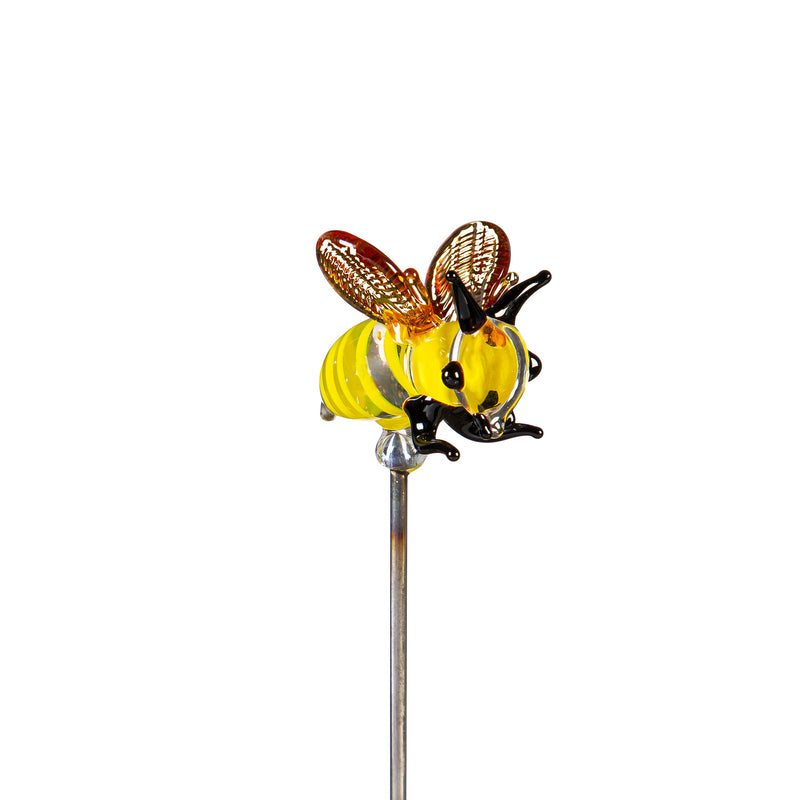 Pollinator Garden Stake, Bee Glass Plant Pick, 15"