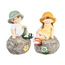Garden Kids Sitting On Welcoming Rock Statue, 7"H