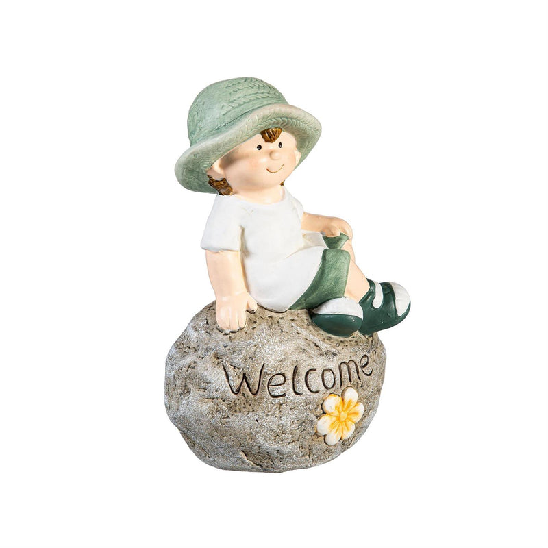 Garden Kids Sitting On Welcoming Rock Statue, 7"H