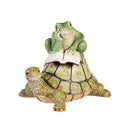 Pollinator Garden Statue, Resin Reading Frog Sitting On Snail & Turtle, 7"H