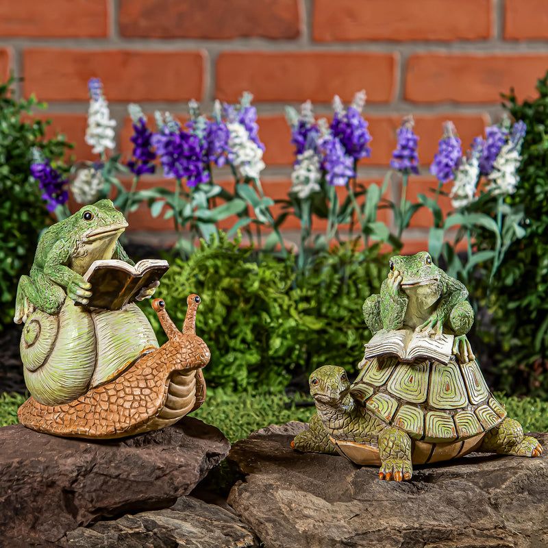 Pollinator Garden Statue, Resin Reading Frog Sitting On Snail & Turtle, 7"H